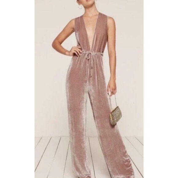 Reformation Pants - REFORMATION Holland Velvet Jumpsuit Sz XS Pink Plunge V Sleeveless Tie Flaw